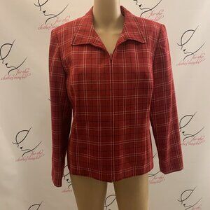 Joan Leslie Petites. Sz 12P. Red Plaid Zip Front Long Sleeve Lined Jacket. B51
